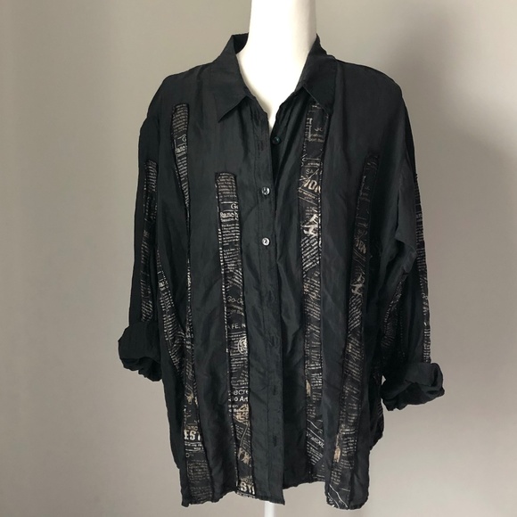 Vintage Chico’s Silk Black/Newsprint Stripe Button Up Blouse - Picture 6 of 9